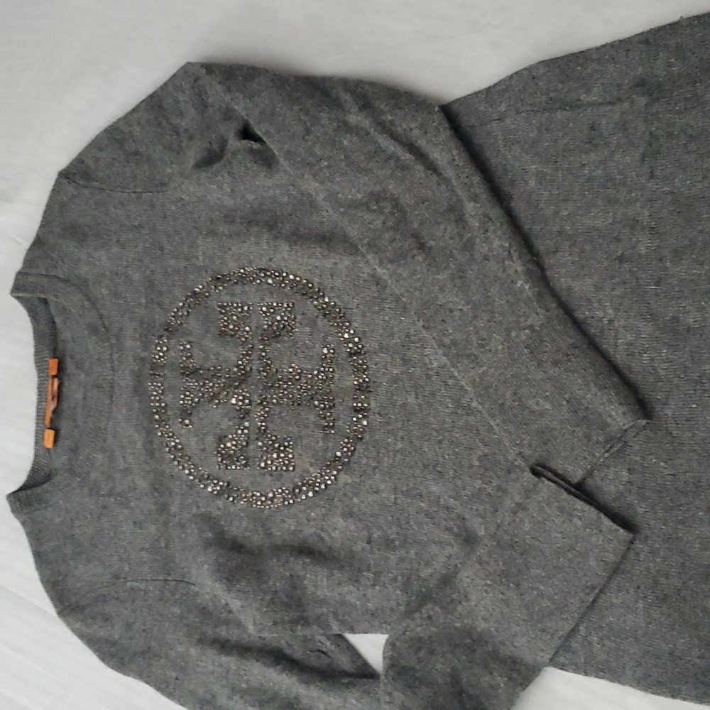 Tory Burch grey sweater..crew neck with rhinestones.